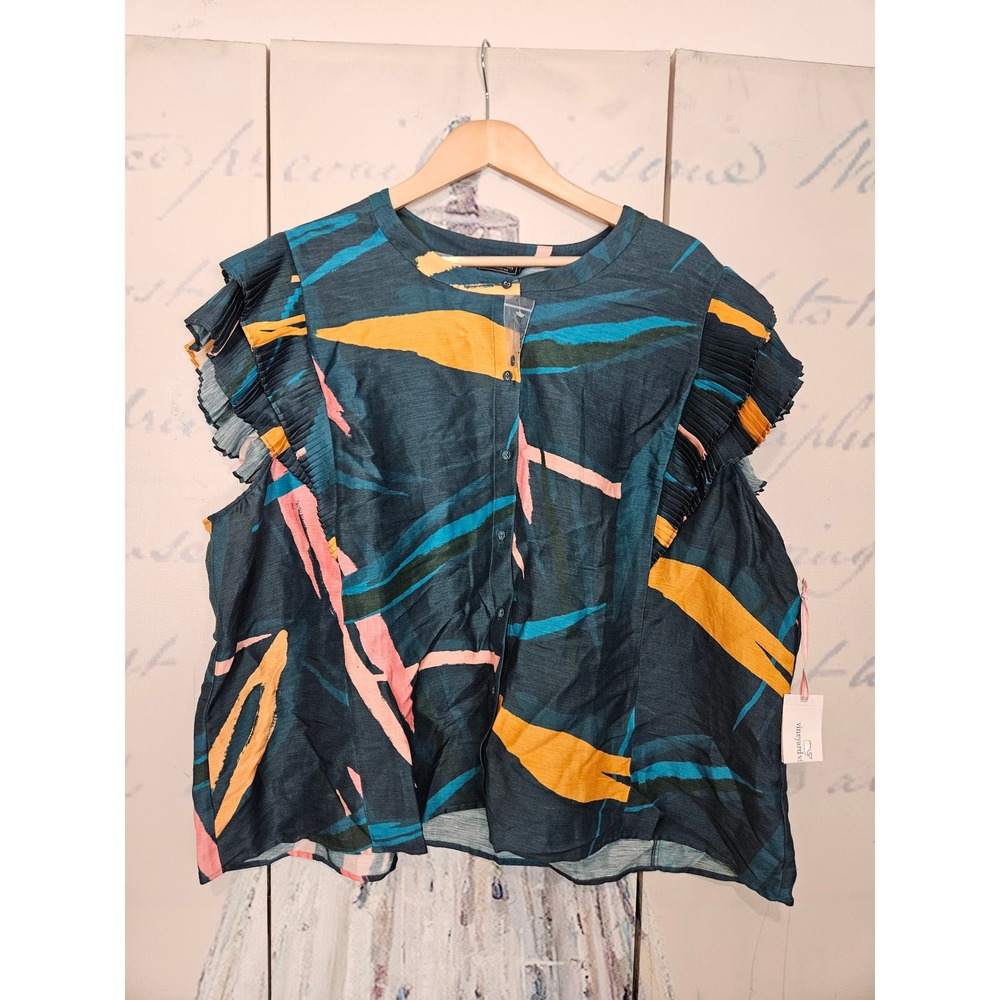 NWT Vineyard Vines Flutter Sleeve Pintuck Top 3X Teal Tropical Silk Linen